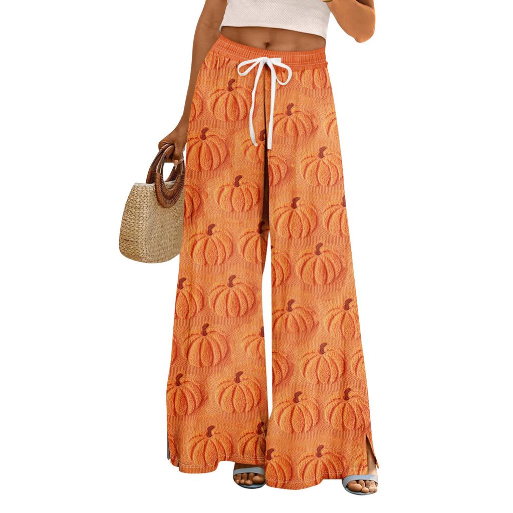 Women Summer Boho Palazzo Pants High Waist Wide Leg Halloween Printing Casual Trousers With Pockets