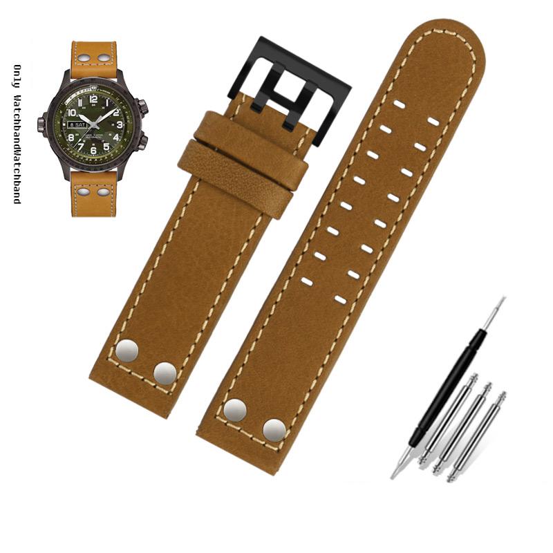 Για Λουράκι Ρολογιού Hamilton Khaki Aviation H77616533 H760250 Field Ανδρικό Γνήσιο Δέρμα Rivet Λουράκι Ρολογιού 20mm 22mm Καφέ Βραχιόλι