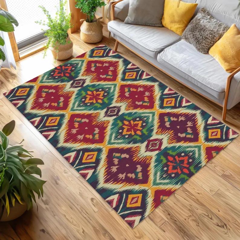 Rectangle Rug Vibrant Ikat Rug Living Room Rug Bohemian Carpet Colorful Carpet Ethnic Area Rug Geometric Carpet Bold Rug Design