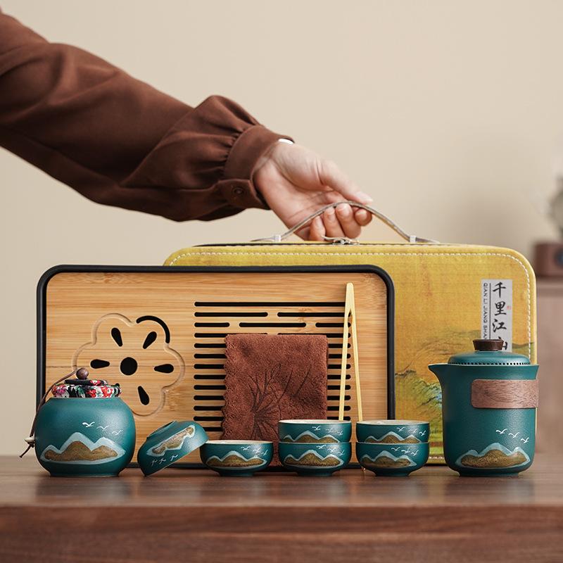 Guochao suit business coarse pottery Qingshan flying birds Lingxue pot travel tea set accompanying ceremony enterprise