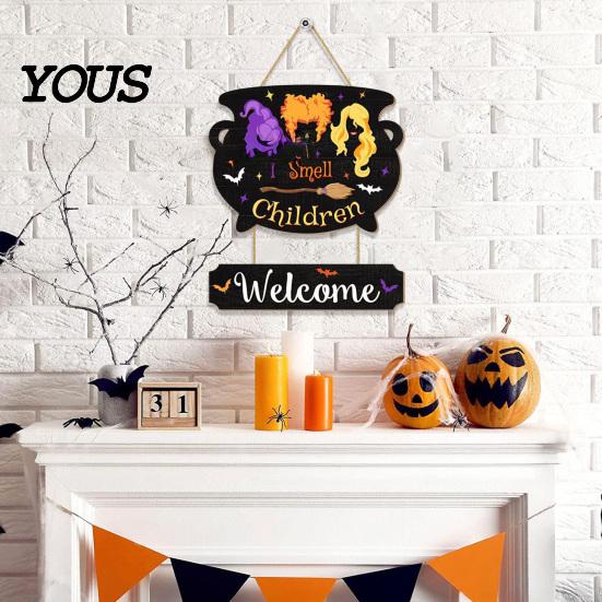 Holiday Party Wall Art Halloween Wooden Welcome Sign for Front Door, Witch Cauldron Hanging Plaque, Entrance Decorative Craft Waterproof Pendant with