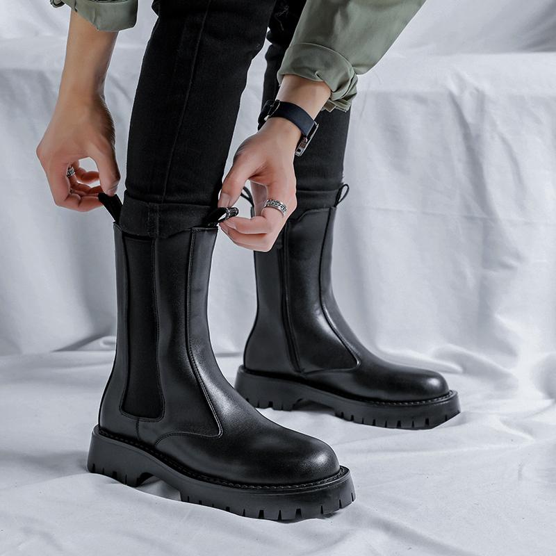 New Design Black Leather Boots Men Platform Boots British Style Men's Basic Boots Zipper High Top Winter Shoes Men botas hombre