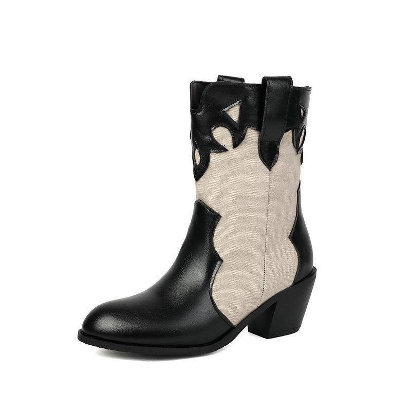  short boots round head thick heel high heel V-mouth western cowboy boots color matching autumn and winter mid-tube knight boots