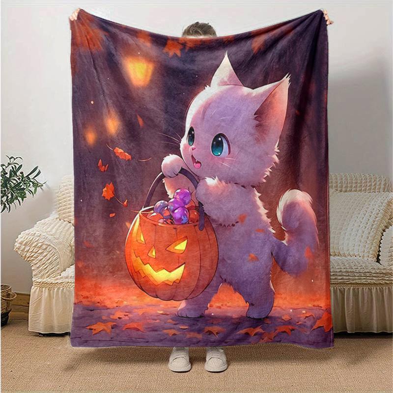 

1pc White Cat Holding Pumpkin Lantern Blanket Cartoon Throw for Room Decor, Gift Idea, Living Room, Travel, Camping, Car Blankets 80x120cm