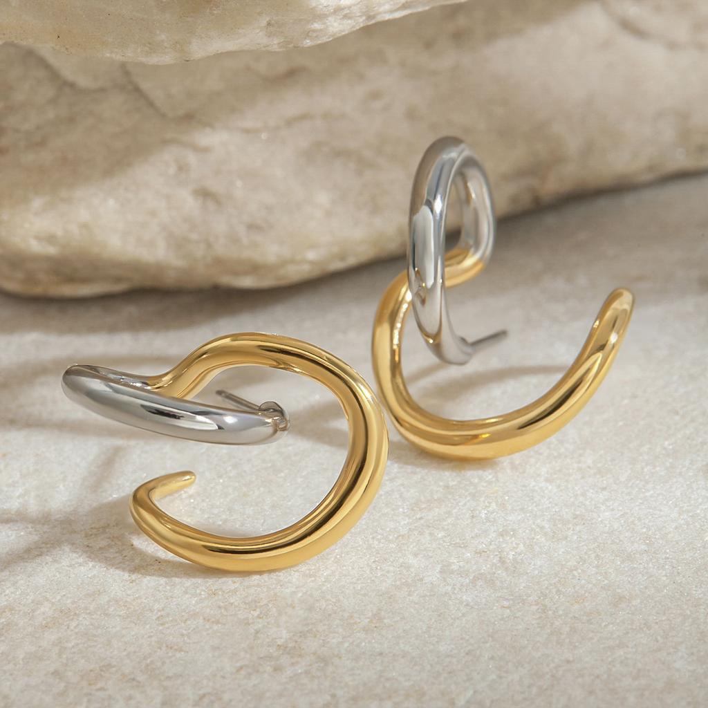 Fashion Two Tone Irregular Line Earrings 18K Gold Color Plated Stainless Steel Wrapped Hollow Earrings Women's Jewelry Gifts