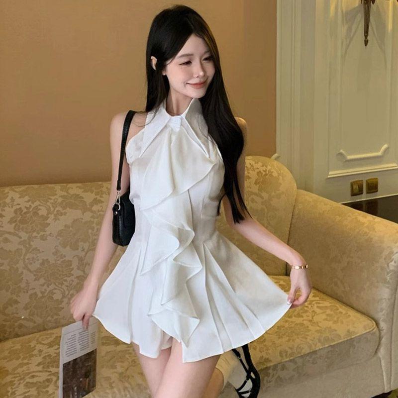 Ruffle Edge Sleeveless Shirt Top Women's Summer French Temperament Medium and Long Waist Slim Shirt Short Skirt