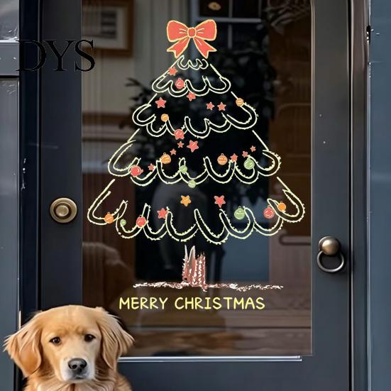 Christmas Store Window Displays Tree Sticker, Simple Line Static Cling Decal, Waterproof Easy Peel Film Removable Festive PVC Decal for Holiday