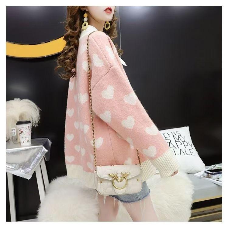 Oversized Heart Design Knit Cardigan Korean Fashion Lazy Style Spring Autumn Winter Cozy Sweater Womens Outerwear