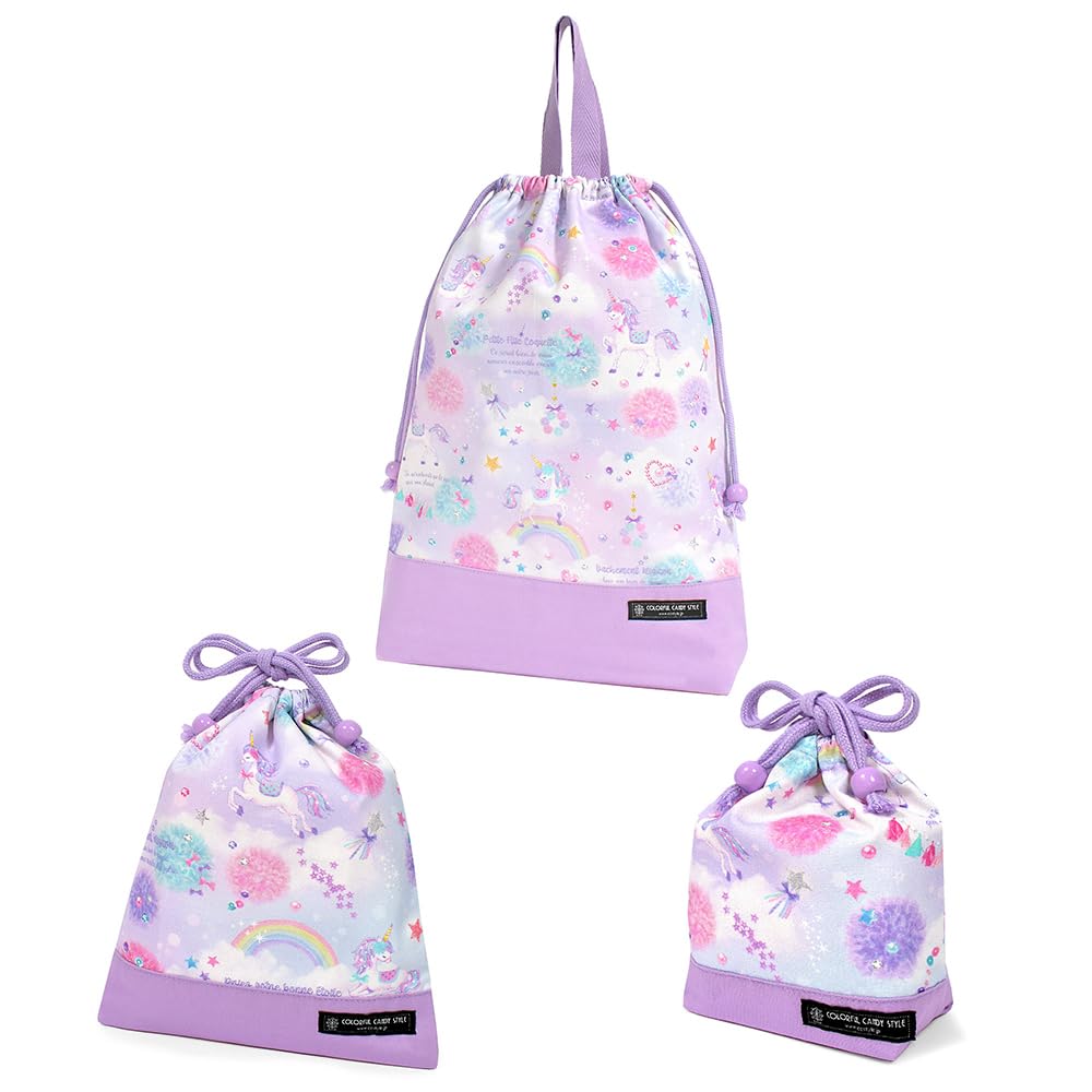 COLORFUL CANDY STYLE Drawstring Bag Set Lunch Cup and Gym Perfect for Preschool and Cute Unicorn Fantasy Design for NJ603100 3-Piece (Large) Bag,
