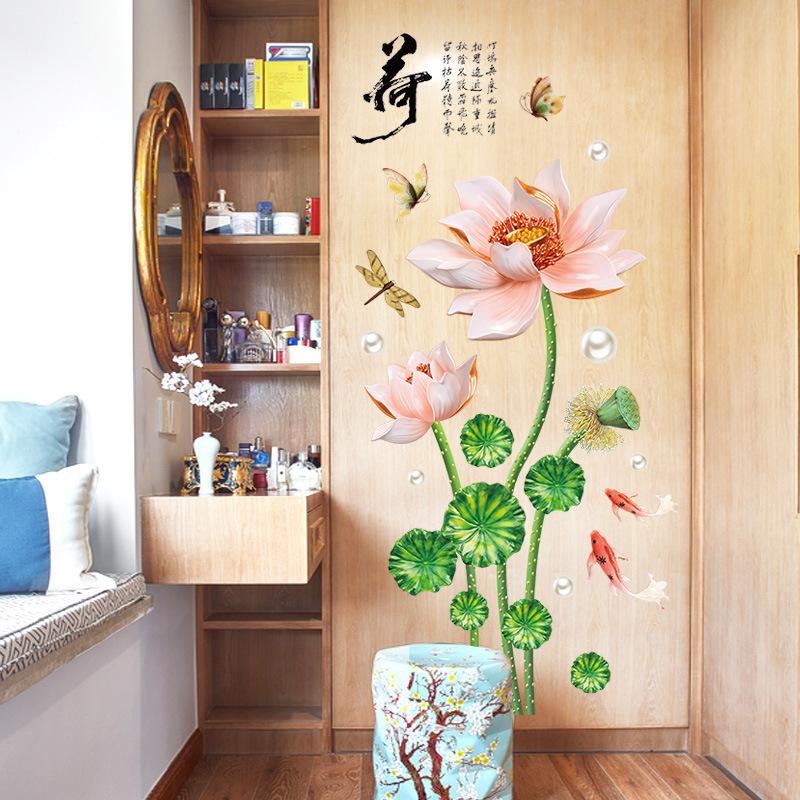 Chinese Style Lotus and Fish Wall Sticker Modern Living Room Bedroom Office TV Background Removable Home Decor Mural