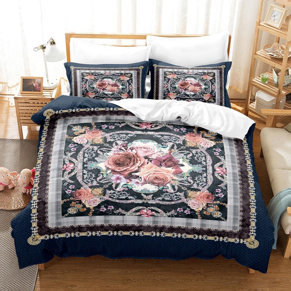 Vintage Court Print Bettbezug, Digitaldruck Blume Feder Dreiteiliges Set