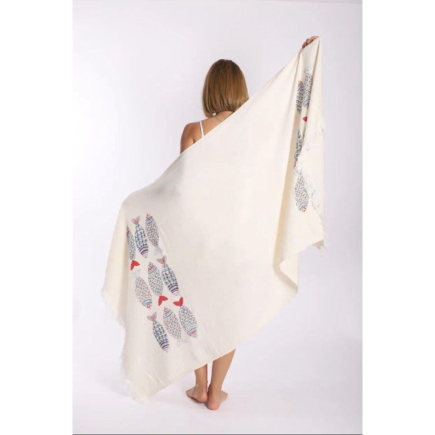 

Мусліновий Пештемаль з принтом риби / Пештемальний пляжний рушник бежевий