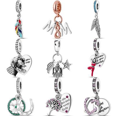 S925 Sterling Silver Feather Angel Clover Tree Mom Heart Pendant DIY Beads Fit Original Charms Bracelet Fine Jewelry Gift