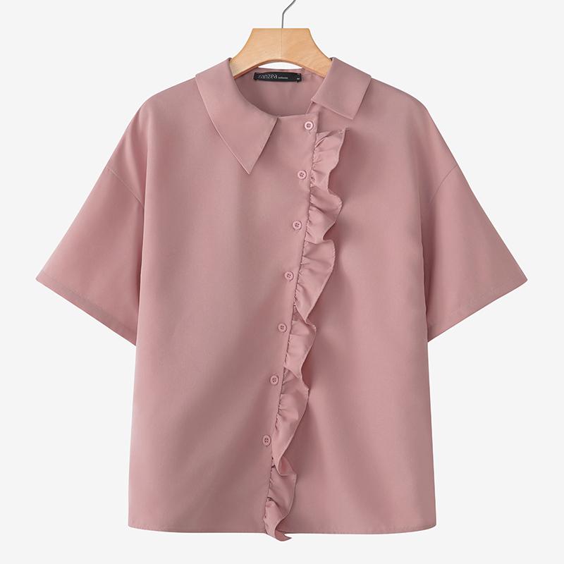 

ZANZEA Women Casual Turn Down Collar Short Sleeve Loose Blouse 2XL рожевий