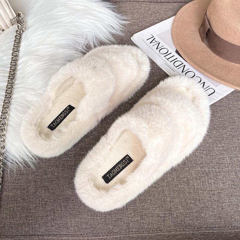 Autumn Winter Plush Fluffy Slippers For Women Fashion Comfortable Thick-Soled Women'S Cotton Slippers Warm Flat Women'S Shoes
