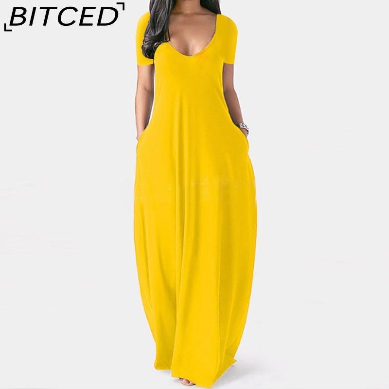 BITCED Summer Plus Size Women's Solid Colour Sensual Deep V-Neck Short-Sleeved Pocketed Maxi Dress
