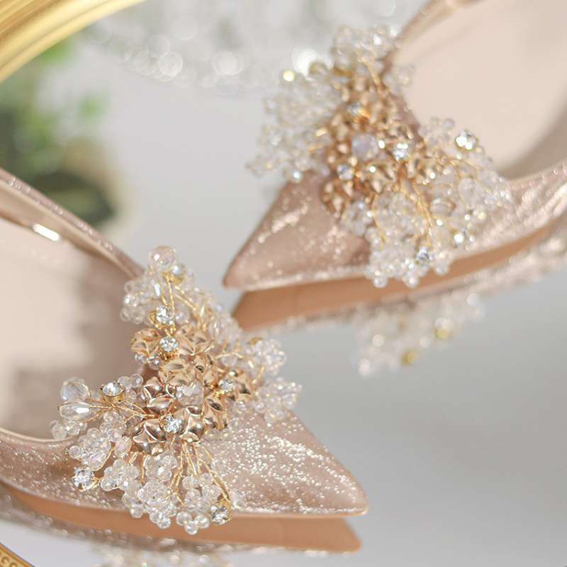 Champagne wedding shoes main wedding dress show two wear toast crystal shoes bride shoes gold engagement stiletto high heels women