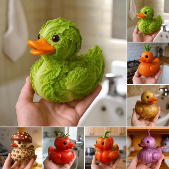 Vegetable Duck Figurine 3D Tomato Mushroom Duck Statue Resin Vegetable-Themed Duck Ornament for Home Office Desktop Decoration