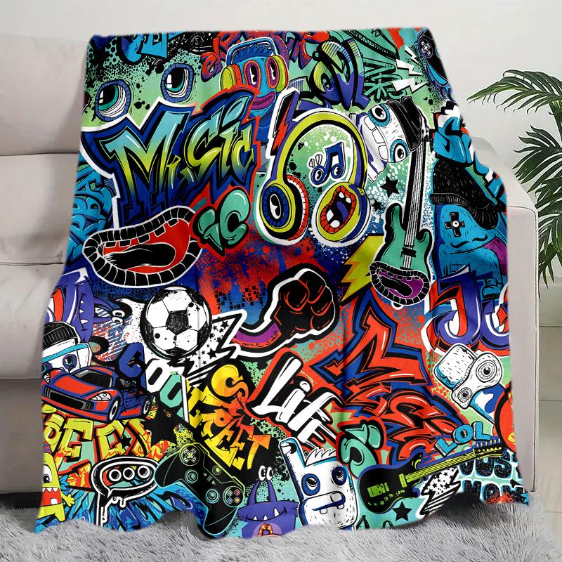 Graffiti Print Blanket Soft Comfortable All Seasons Suitable Sofa Office Nap Travel Birthday Gift Christmas Present