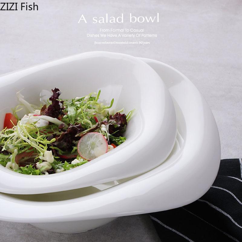 European Style Pure White Ceramic Salad Bowl Snack Dessert Bowl White Porcelain Dishes Kitchen Tableware Dining Table Decoration