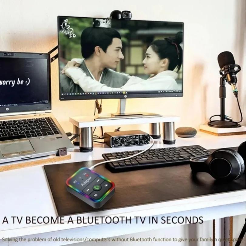 Car 2 in 1 Wireless Bluetooth 5.3 Transmitter or Receiver RGB Light Hand Free With Mic 3.5mm AUX Jack Audio Adapter MP3 Player