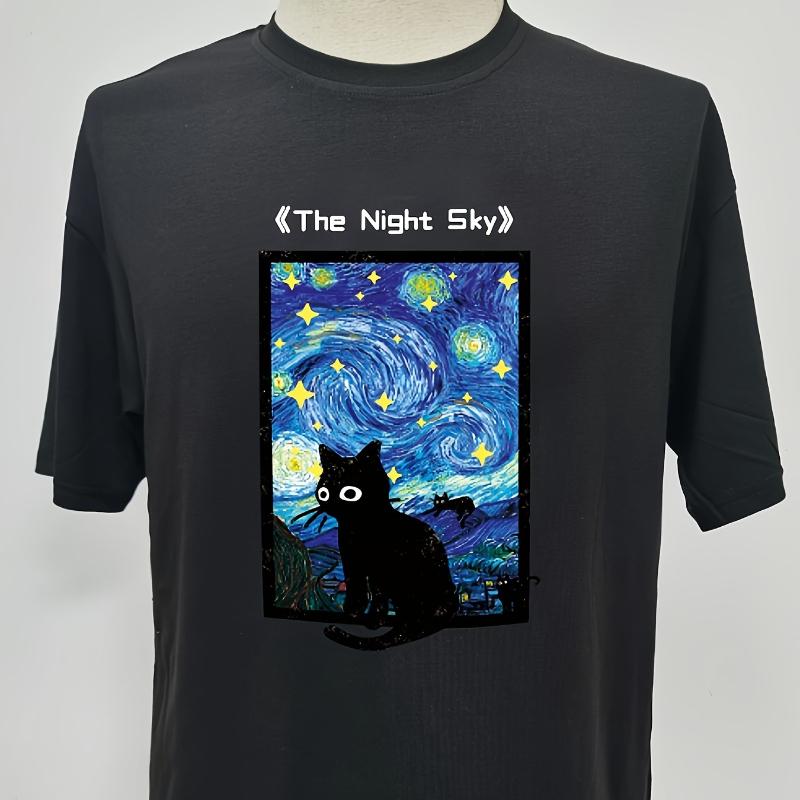 

Starry Night Cat Art T-Shirt,Soft Breathable & Fade-Resistant, Classic Fit for Daily Casual Wear XXL чорний