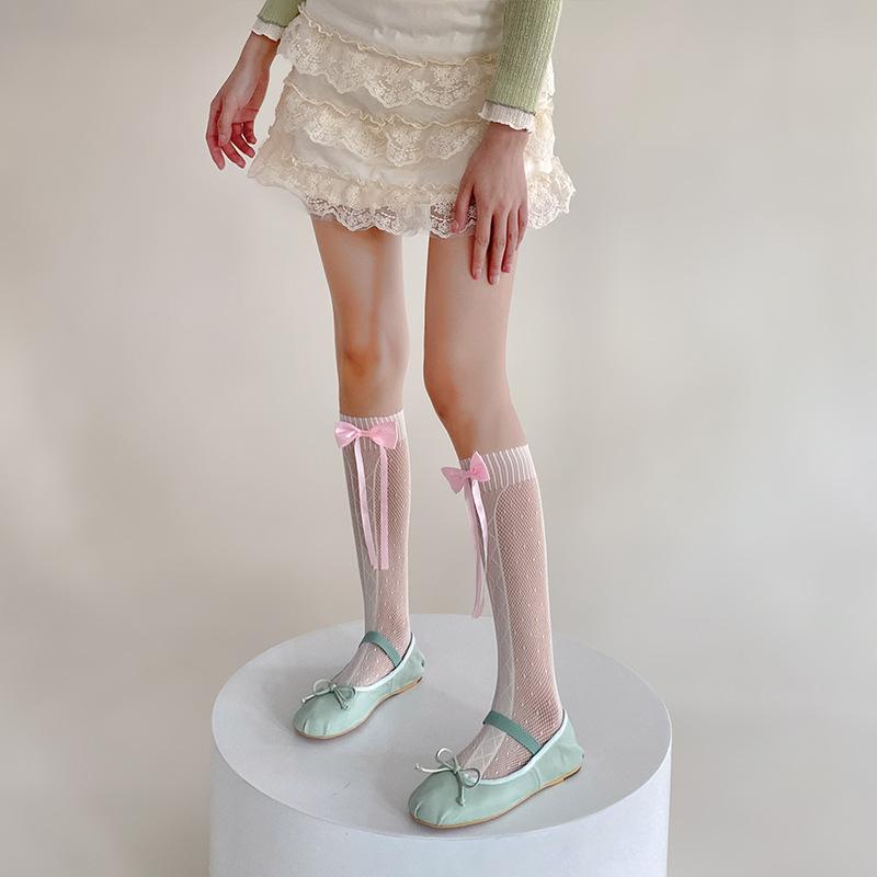 Fliege Oberschenkelhohe Socken Frühling und Sommer Dünne Lolita Perforiertes Netzband Kniehohe Frottee-Wadensocken