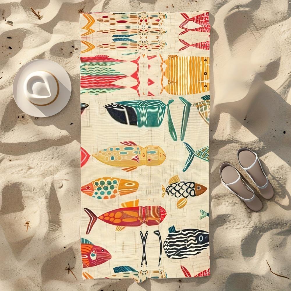 Serviette de plage imprimé poisson art populaire coloré, Coton doux à séchage rapide, Motif de poisson tribal multicolore fantaisiste pour l'été et la piscine