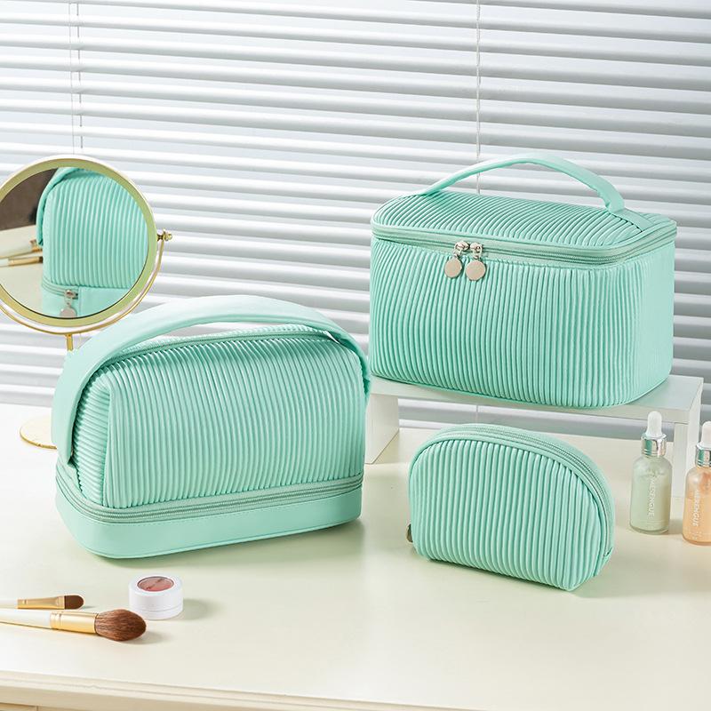 

Cream toast makeup bag PU pleated toiletry bag travel portable storage bag large capacity double-layer handbag зелёный