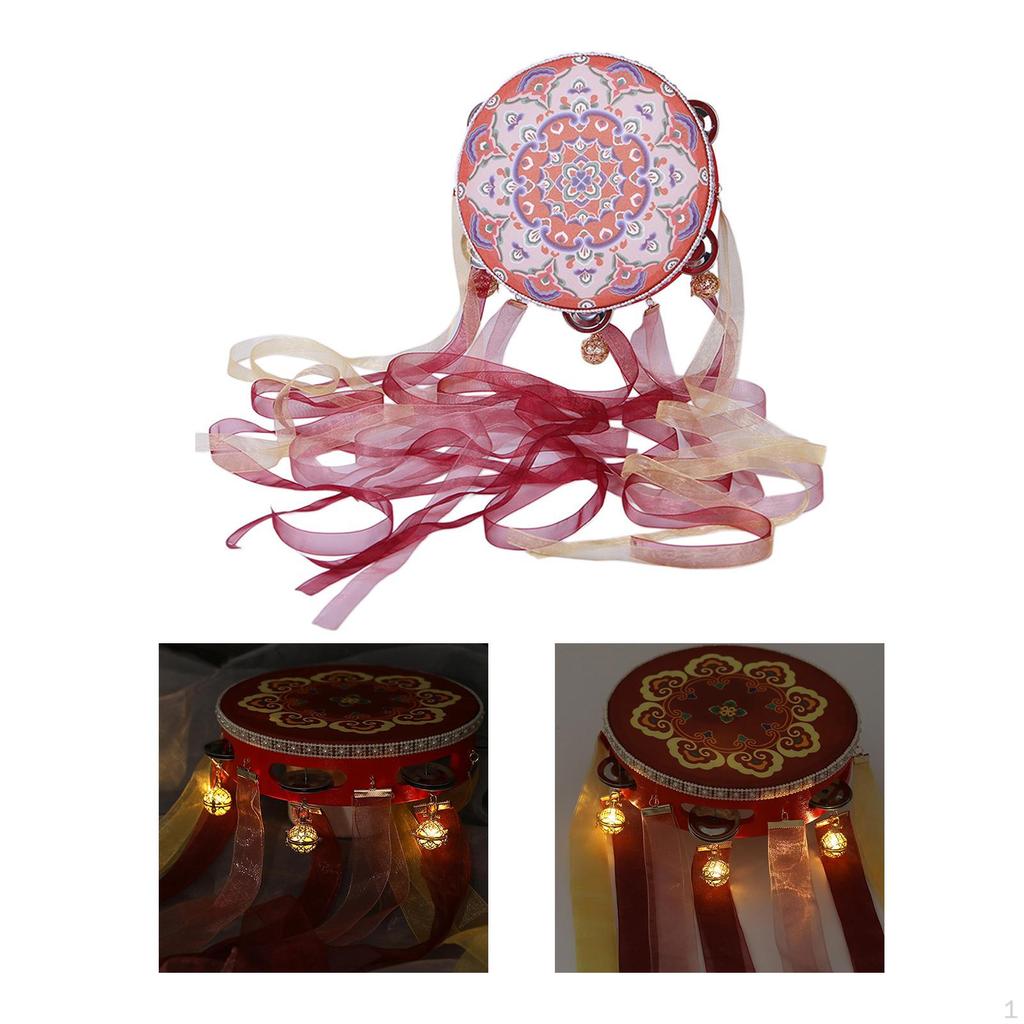 Chinese Decorative Tambourine Hand Drum 7.28inch Vintage with Ribbon Lightweight Musical Instrument