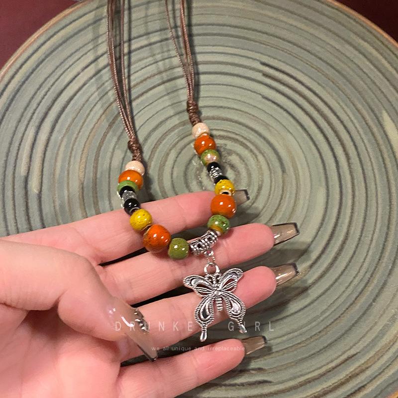 Qingge Ethnic Style Necklace, Retro Versatile Butterfly Color Glaze Pendant, Sweater Chain, Changchun Summer, Women'S Land