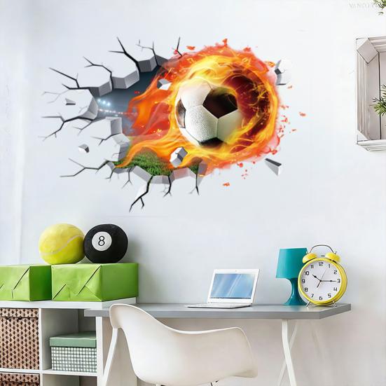 3D Soccer Wall Stickers, Self-Adhesive Soccer Ball Wallpaper Poster, Sports Ball Breakthrough Wall Decals for Boys Bedroom Playroom