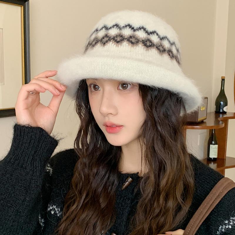 Jacquard Curled Fisherman Hat Women's Winter Windproof Retro Fashion Versatile Warm Ear Protection Knitted Basin Hat