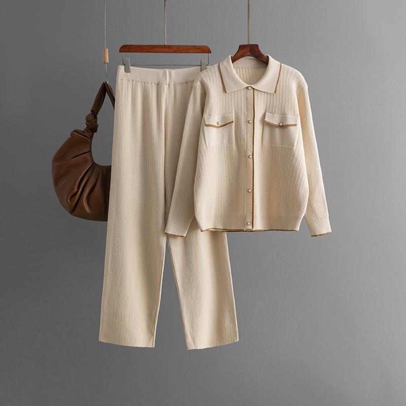 French Style Knitting 2pcs Suits Women Fake Pocket Single Breasted Polo Neck Top+Long Pants Fashion Two Pieces Sets
