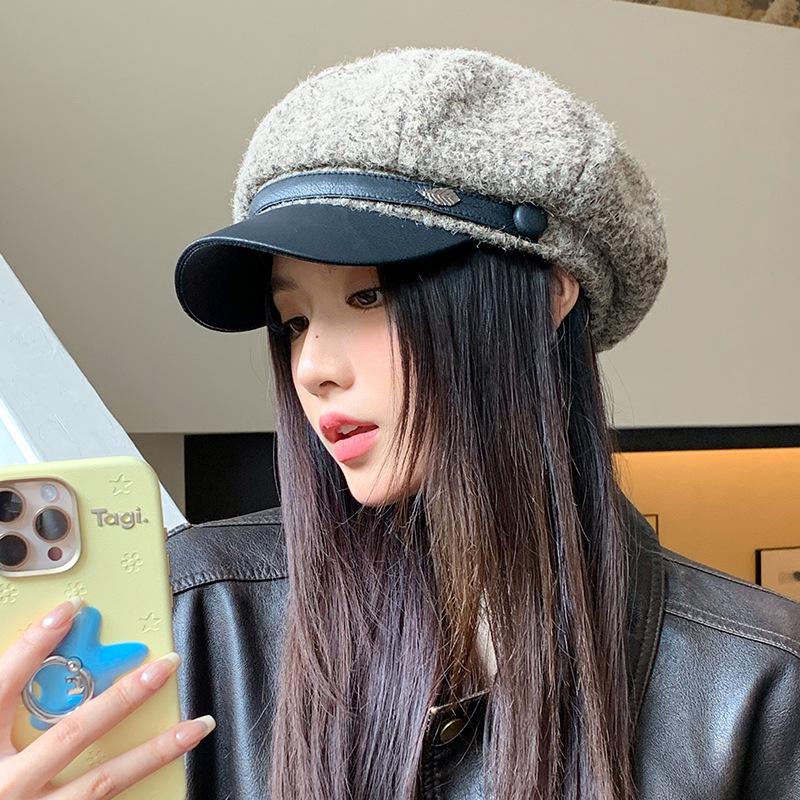 Leather brim duck tongue beret autumn and winter hat women's velvet warm octagonal hat fashionable versatile painter hat