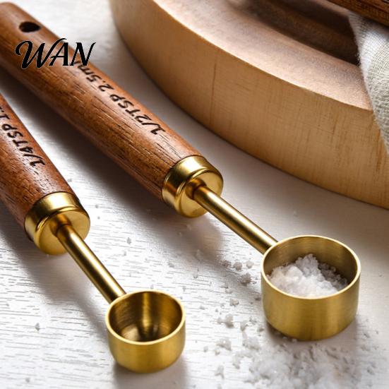 Durable Baking Tools 4Pcs Gold-Plated Stainless Steel Measuring Spoons & Cups Set, Precision with Kitchen Spoon Set Wood Handle, Nested Food Grade Kit