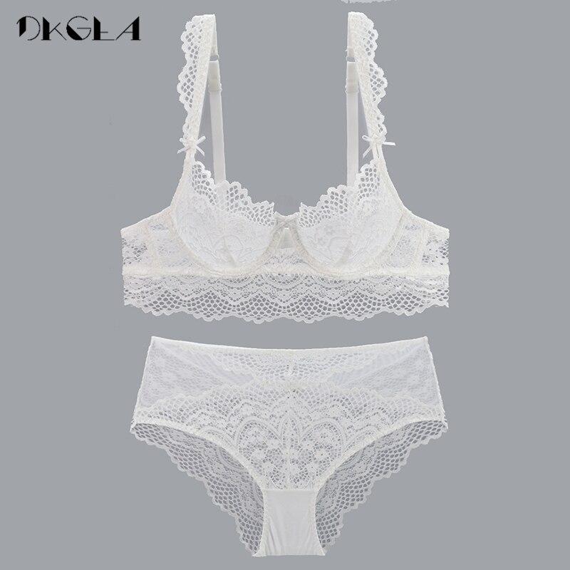DKGEA ქალების Hollow Out Lace Bra კომპლექტი სექსუალური brassiere Ultrathin საცვლების პლუს ზომა