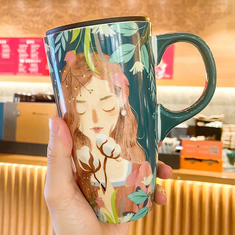 600ML Japanese Style Large Drinking Cup With Lid Small Fresh Ceramic Breakfast Mug for Girl Birthday Gift