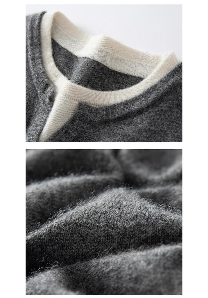 Autumn 2025 Sweet Style Color Block Cashmere Sweater - Loose Fit, Slimming, Short & Warm, Fake Two-Piece Design