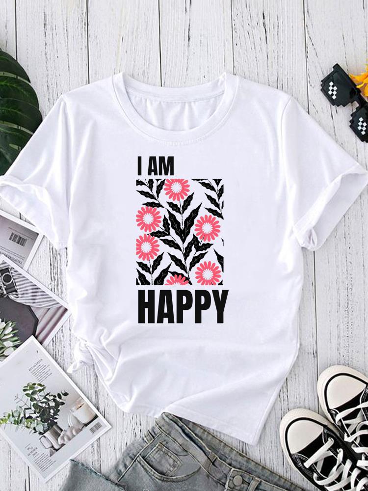 (Asian Size) flower sweet trend Women's Top T Clothing Print Short Sleeve T-shirts Fashion Female Casual O-neck Graphic Tee