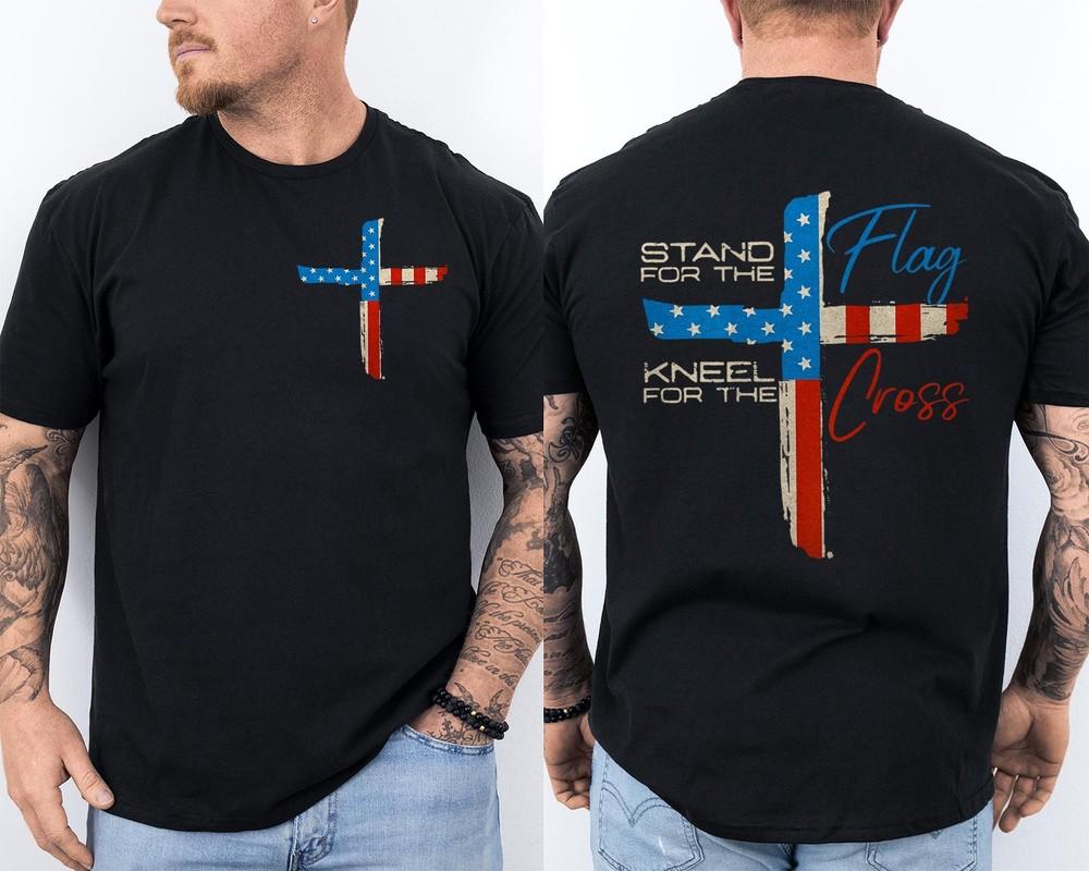 

Stand for The Flag I Kneel for The Cross Patriotic Christian US Flag 2 Sided Tee XL