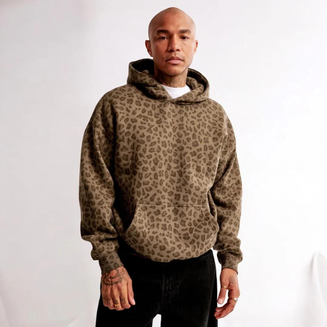Men s Loose Fit Hooded Sweatshirt with Leopard Print Kangaroo Pocket Casual Pullover XS 1980₽