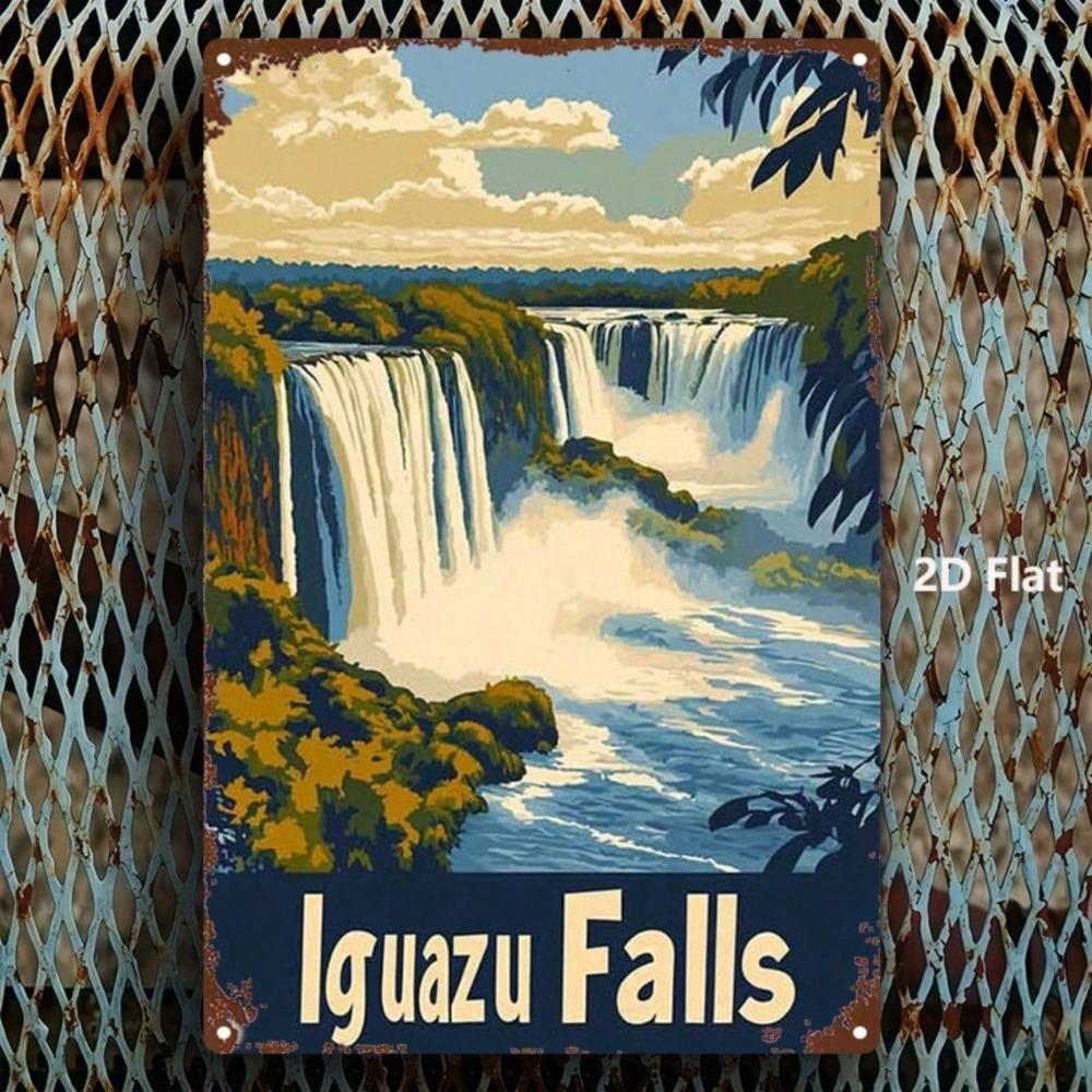 1pc Vintage Iguazu Falls Metal Sign 8x12in, Retro Landscape Wall Decor, 2D Flat Tin Plaque for Home Office Gym Bedroom