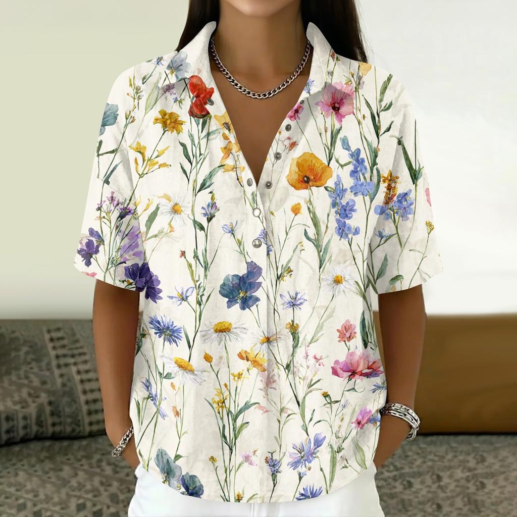 Women Vintage Floral Print Short Sleeve T Shirt Loose Fit Polo Collar Button Down Cotton Linen Blend Casual Top