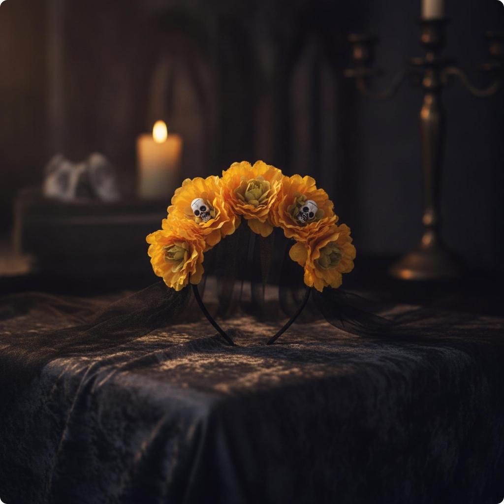 Gothic Flower Headband with Mesh Drape | effortless wear Design, Halloween, Floral cranium Crown