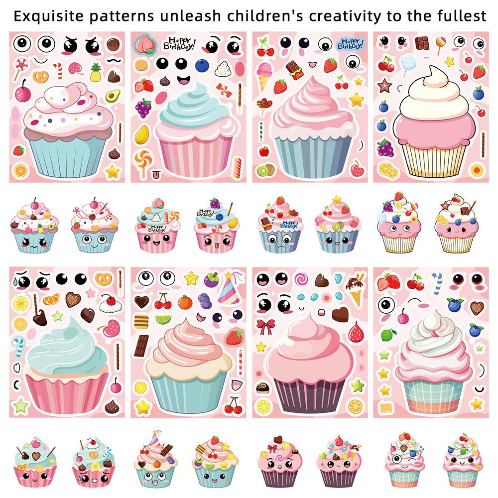 16Sheets Cute Cartoon Pink Cupcakes Puzzle Stickers Make A Face Diy Assemble Jigsaw Decals Birthday Party Decoration Supplies