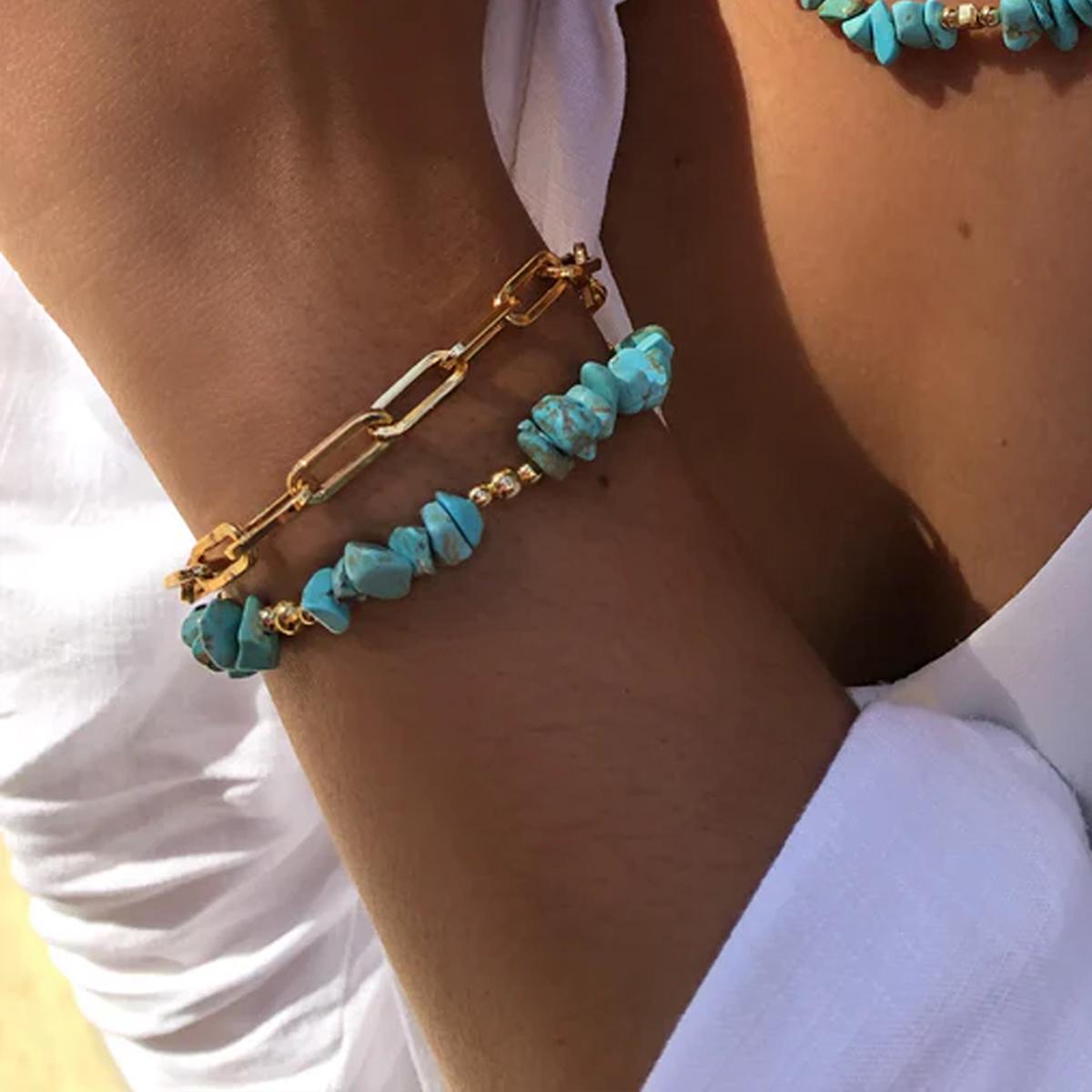 

17KM Fashion Natural Stone Chain Layered Necklace Bracelet for Women Bohemia Summer Beach Simple Turquoise Layered Jewelry Sets Gifts