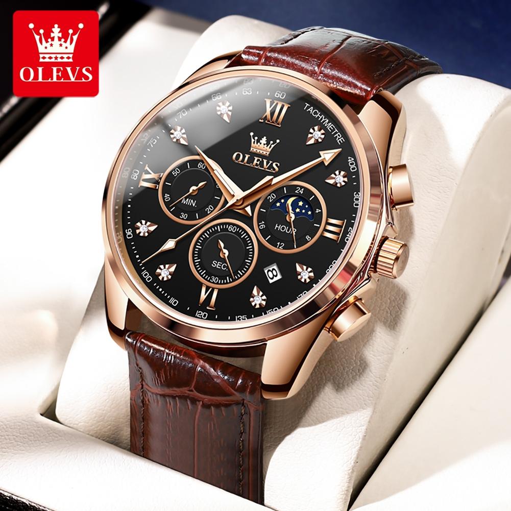 OLEVS 2888 Men's Watches Fashion Style Original Quartz Watch for Man Comfortable Leather Strap Waterproof Luminous Moon Phase