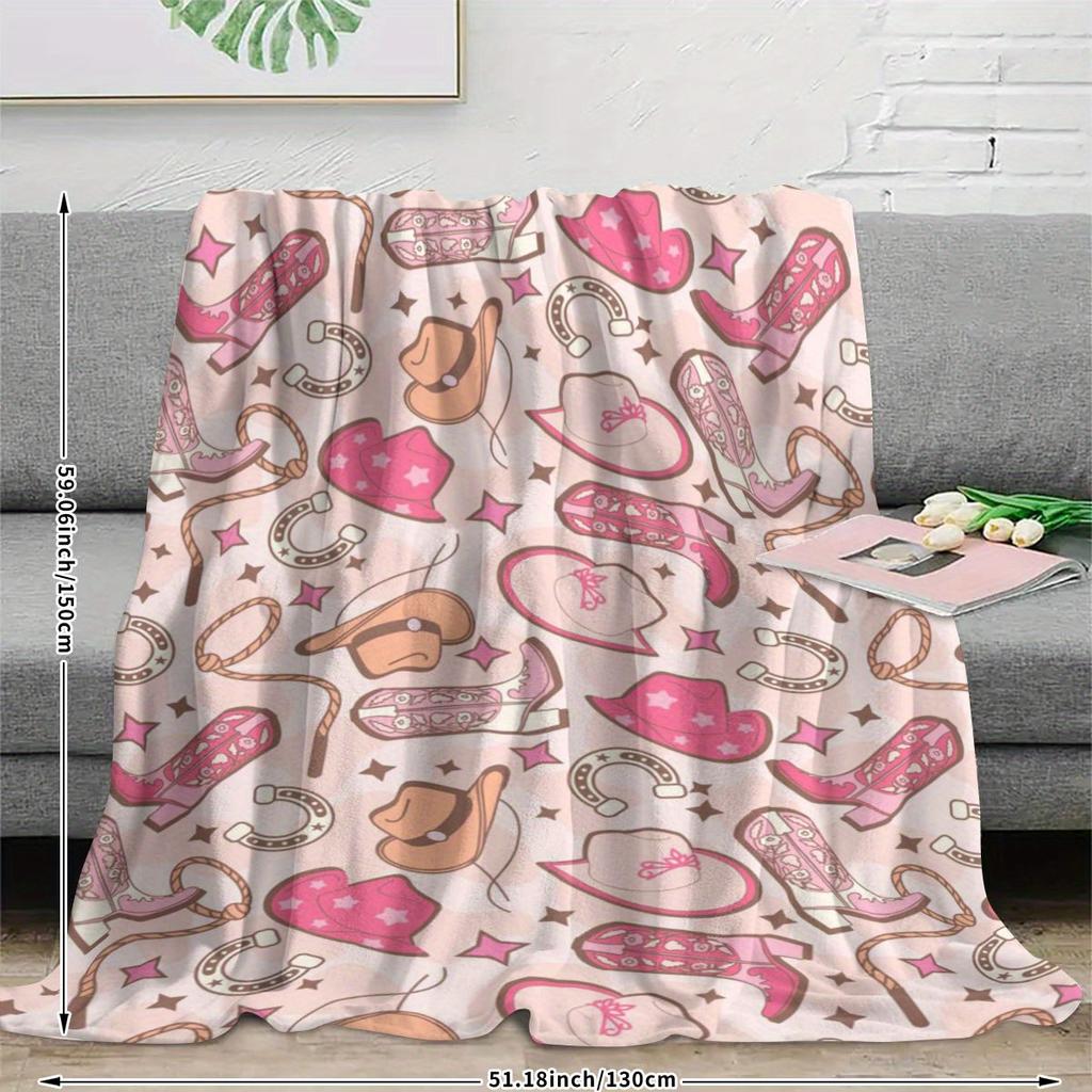 Western Cowgirl Hat Boot Flannel Blanket  Pink Soft Plush MultiSize AllSeason Sofa Bed Gift