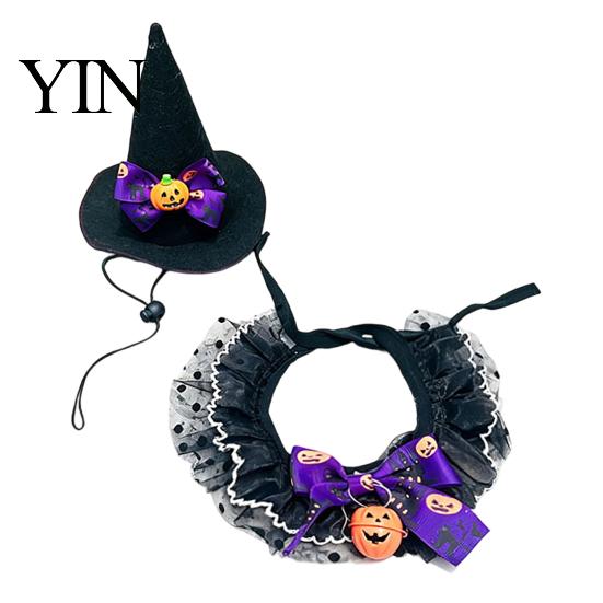 Cat Pumpkin Outfit 1 Set Halloween Costume, Wizard Hat And Lace Bandana, Ruffled Bib Pet Photo Prop with Bow Bell, Holiday Party for Small Dogs, Cats